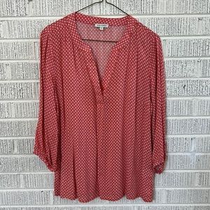 Anne Carson Split Neck Blouse with 3/4 length Sleeves, Orange & Blue, Small